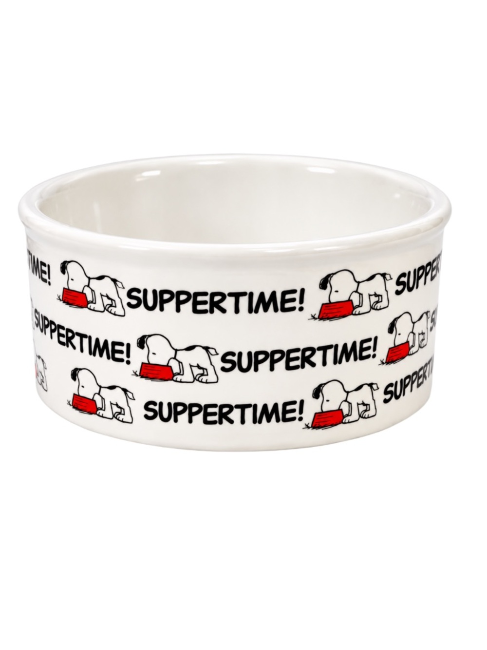Peanuts Snoopy “Suppertime!” Ceramic Dog Bowl White & Red NWT